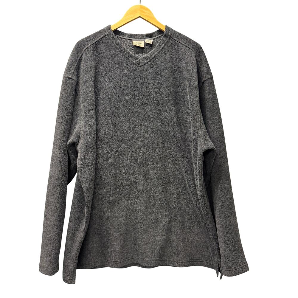 LL Bean Sweater Mens 2XLT Gray Fleece V-Neck Pullover Long‎ Sleeve
